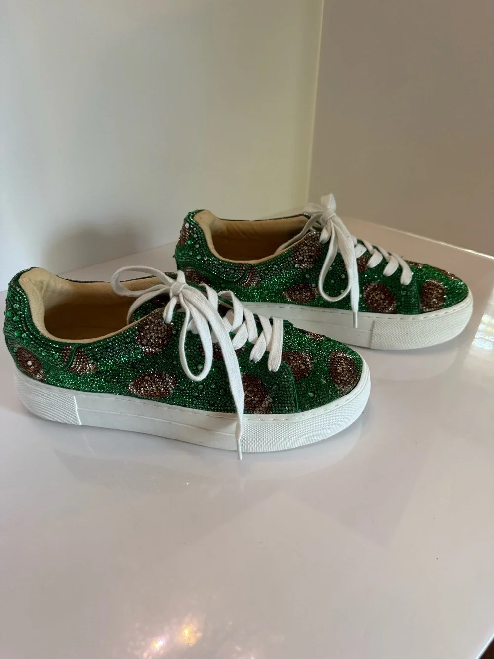 Betsey Johnson Green Crystal Football-Print Platform Sneakers